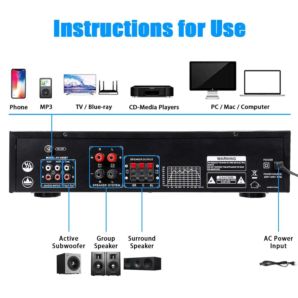 AV555BT 4000W 5CH Home Theater 12V bluetooth Home Power Amplifier Audio Stereo amplificador FM USB