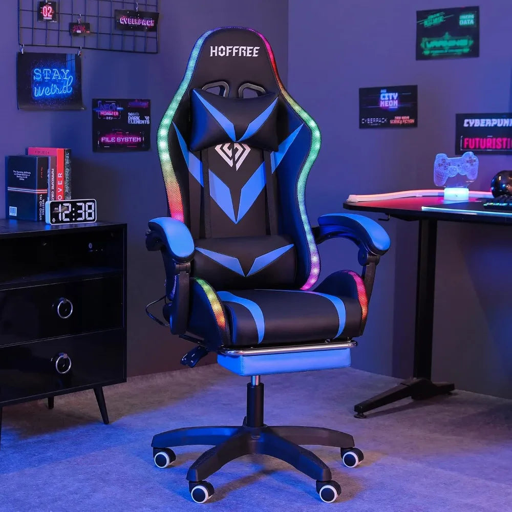 Gaming chair with massage and LED lights Ergonomic video gaming chair, reclining computer chair