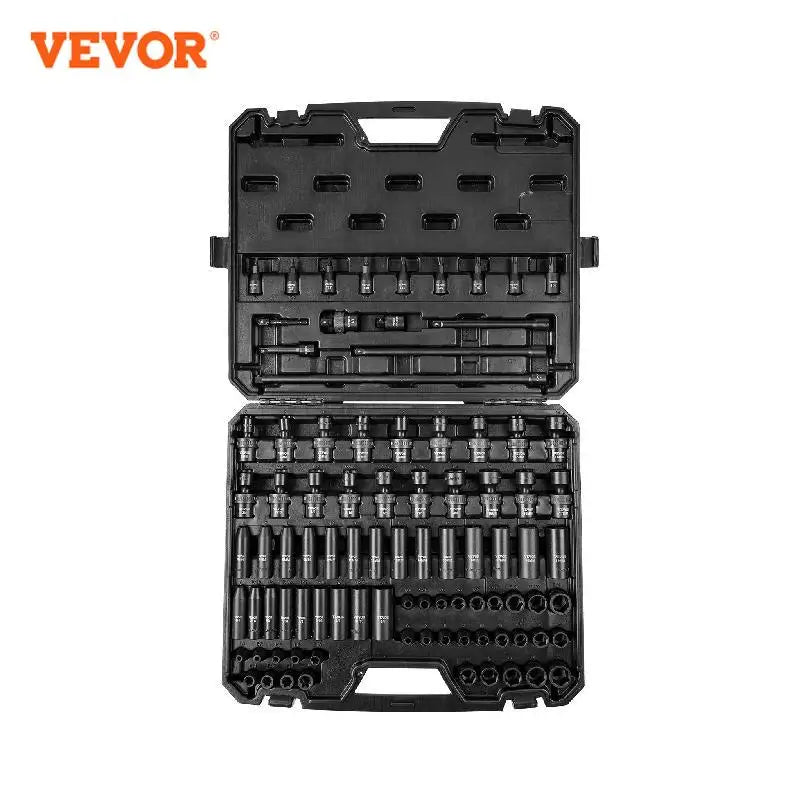 VEVOR 1/2" 3/8" Drive Impact Socket Set 13/23/33/34/48/65/90PCs SAE or Metric Cr-V/Cr-Mo Six Point