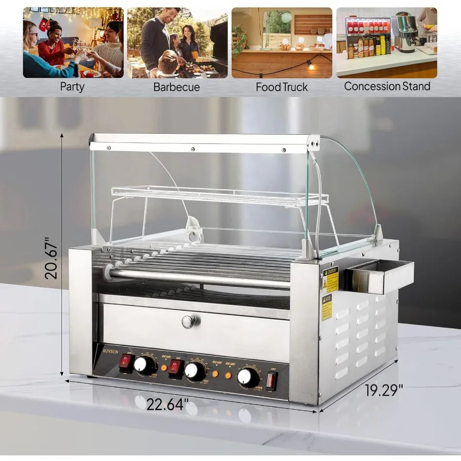Hot Dog 2000W w/11 Rollers for 30 Hot Dogs Stainless Steel Hot Dog Machine Grill/Bun Warm Drawer
