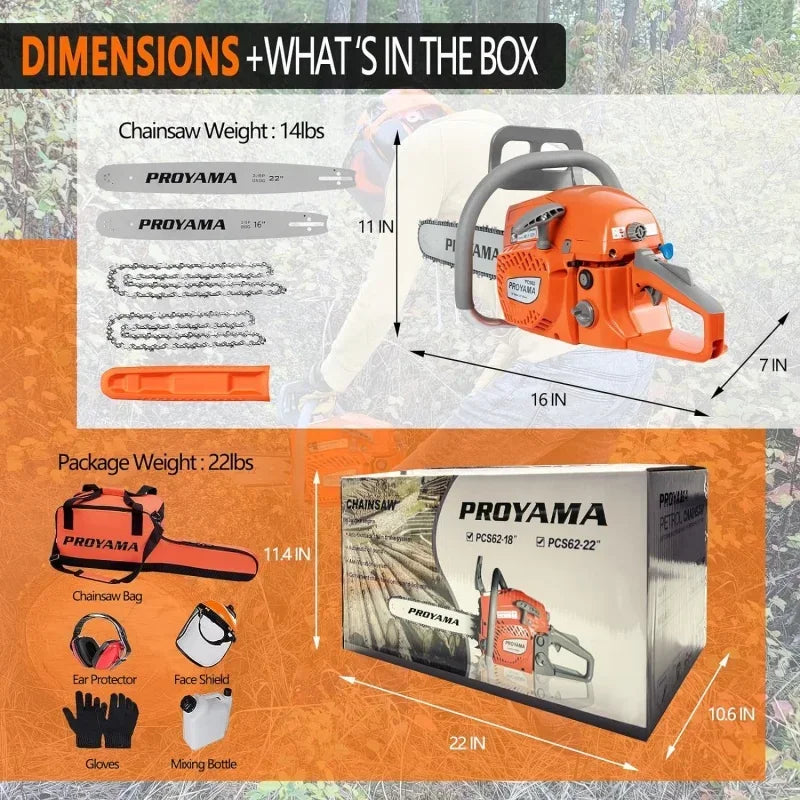 PROYAMA 62CC 2-Cycle Gas Powered Chainsaw, 22 Inch 18 Inch Handheld Cordless Petrol Chain Saw