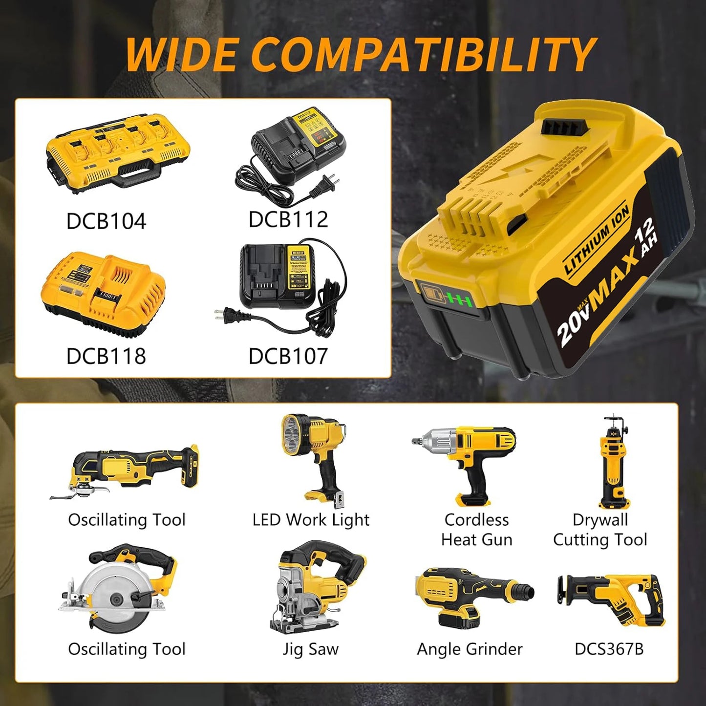VANON 1/2/4Pcak 12.0Ah 20v DCB200 Replace for Dewalt 20v Battery Pin DCB204 DCB205 Li-on