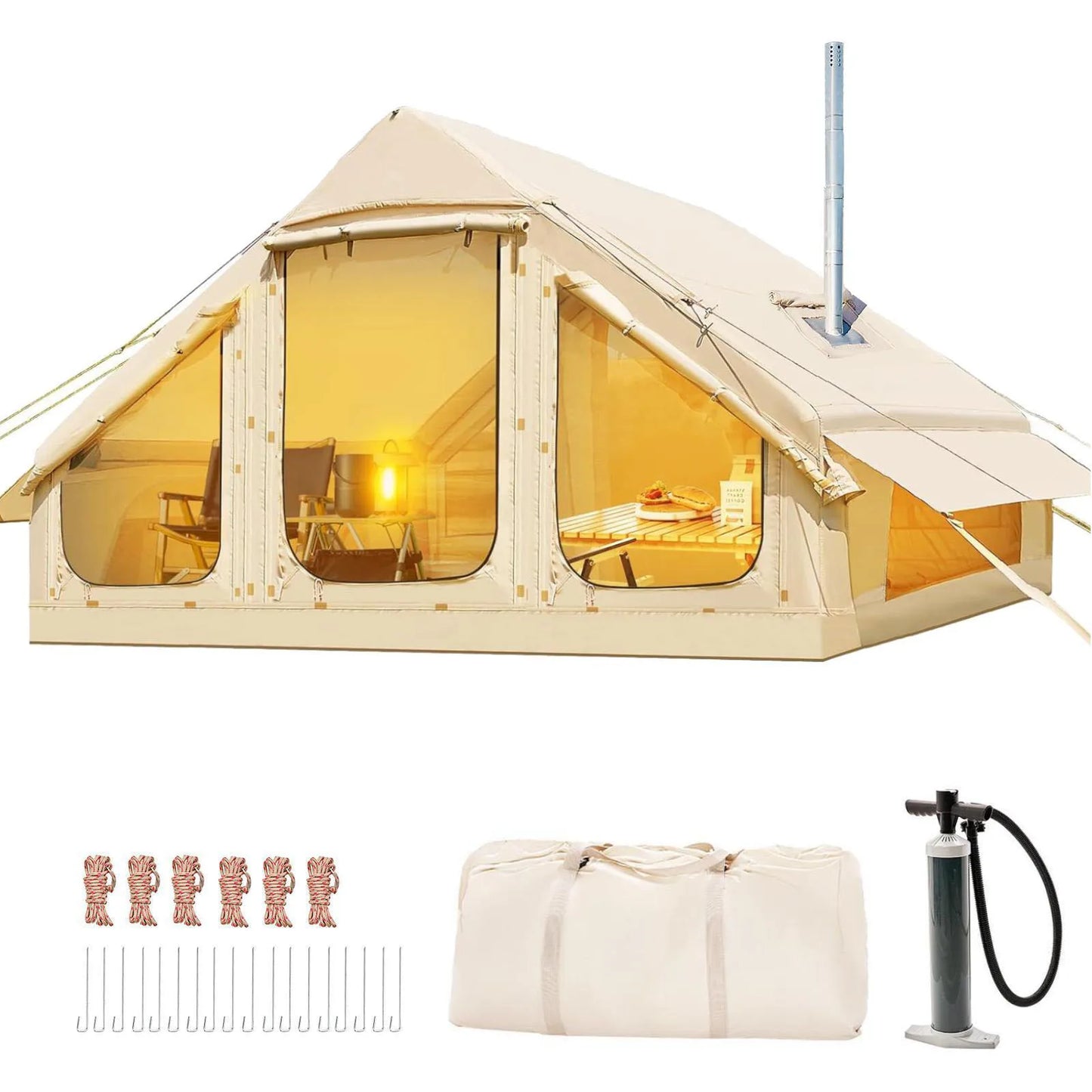 Inflatable tent camping for 1-6 people, hand pump inflation tent, w/skylight and chimney waterproof