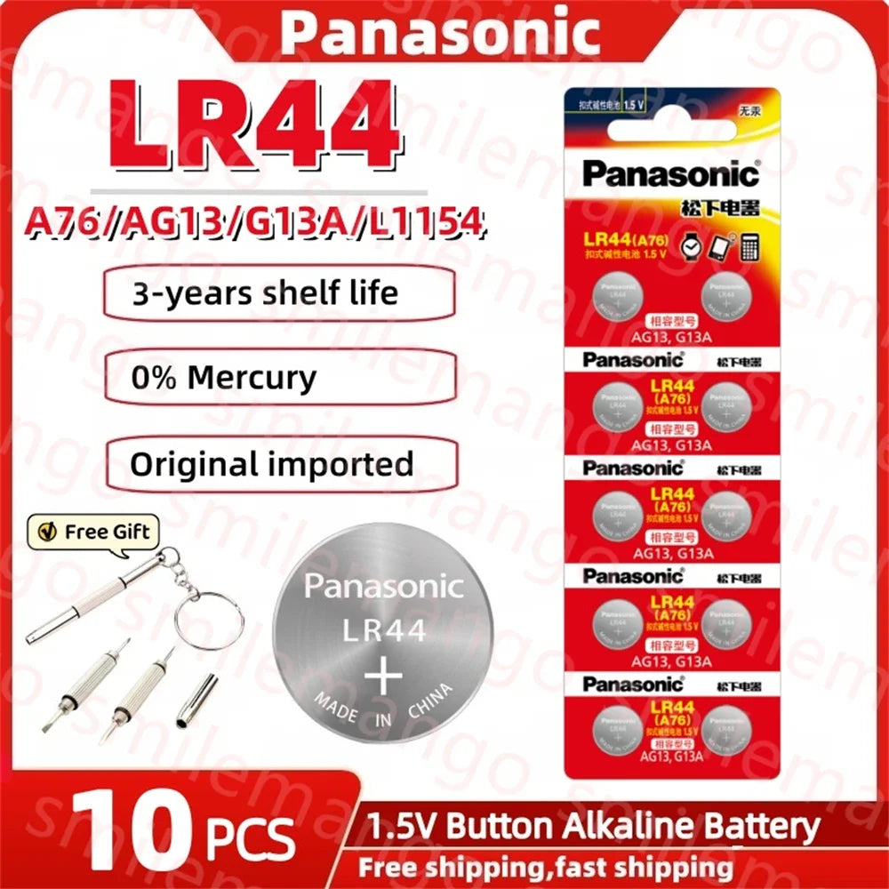 Panasonic 10-100PCS Alkaline Battery LR44 A76 AG13 LR1154 SR44 GP76 1.5V