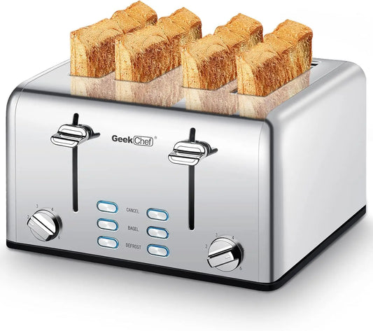 GEEK CHEF Toaster 4 Slice, Stainless Steel w/Extra Wide Slots, Bagel/Defrost/Cancel Function, Dual