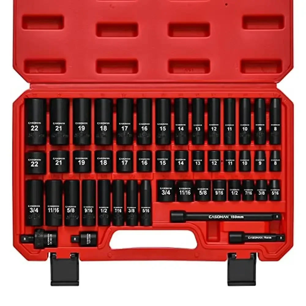 48-Piece 3/8" Drive Impact Socket Set Standard SAE/Metric Sizes Cr-V Steel 6-Point Phosphate Finish