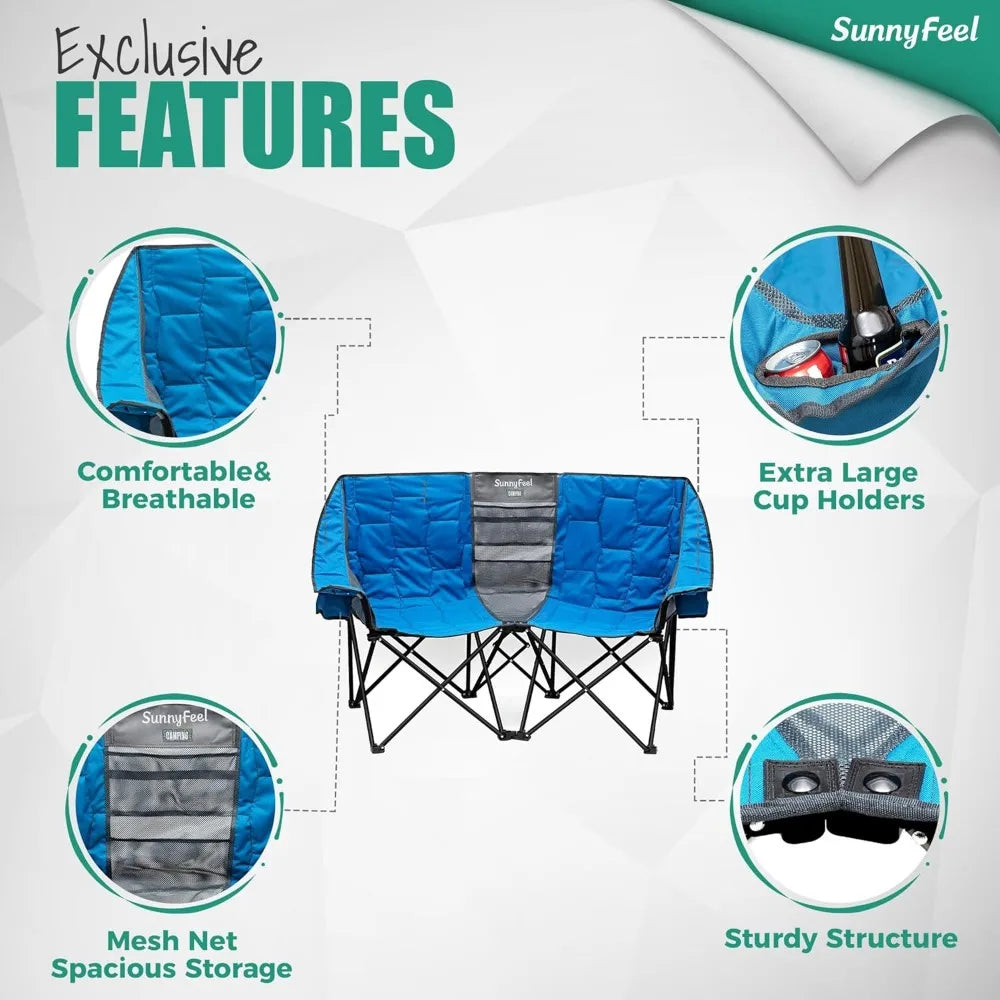 Folding Double Camping Loveseat Chair, Heavy Duty Portable Outdoor Chair with Storage for 2 People