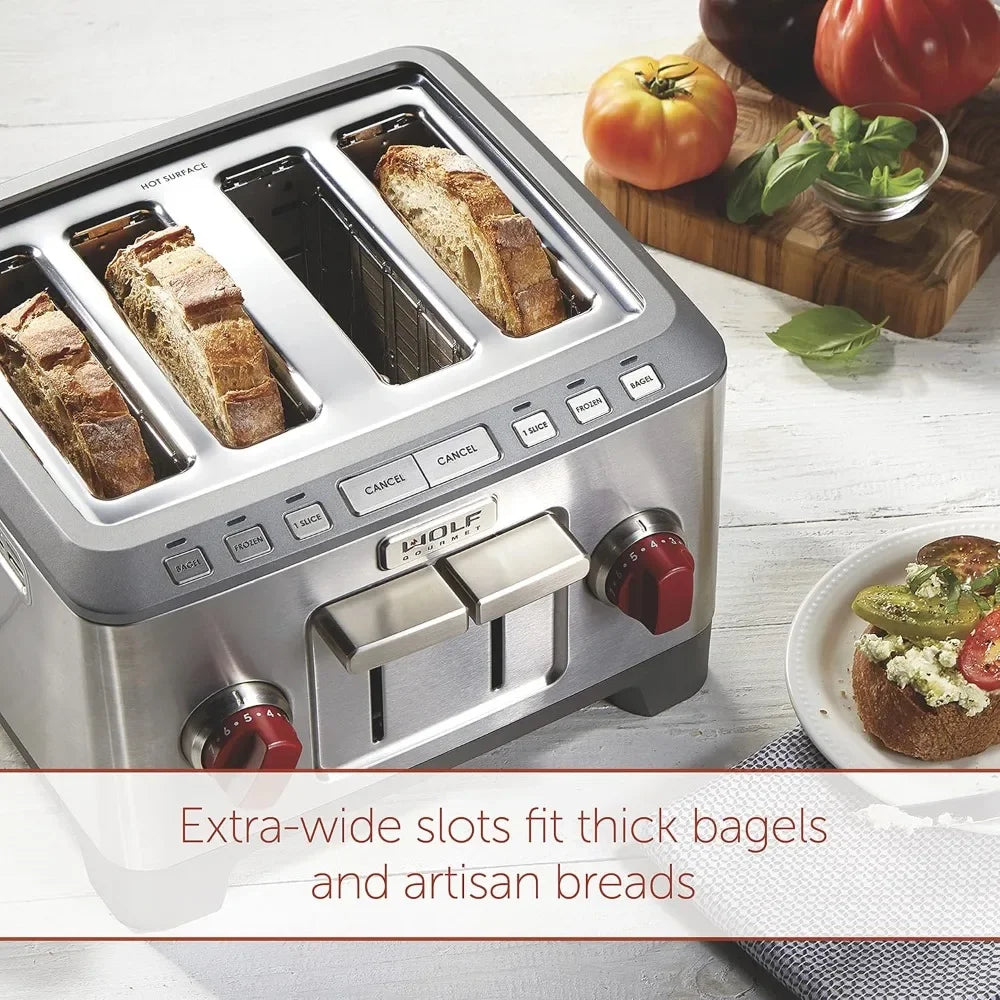 4-Slice Extra-Wide Slot Toaster with Shade Selector, Bagel and Defrost Settings, Red Knob