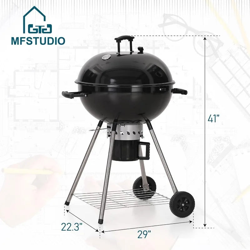 MFSTUDIO 22" Kettle Charcoal BBQ Grill w/Thermometer w/Porcelain-Enameled Lid & Ash Catche