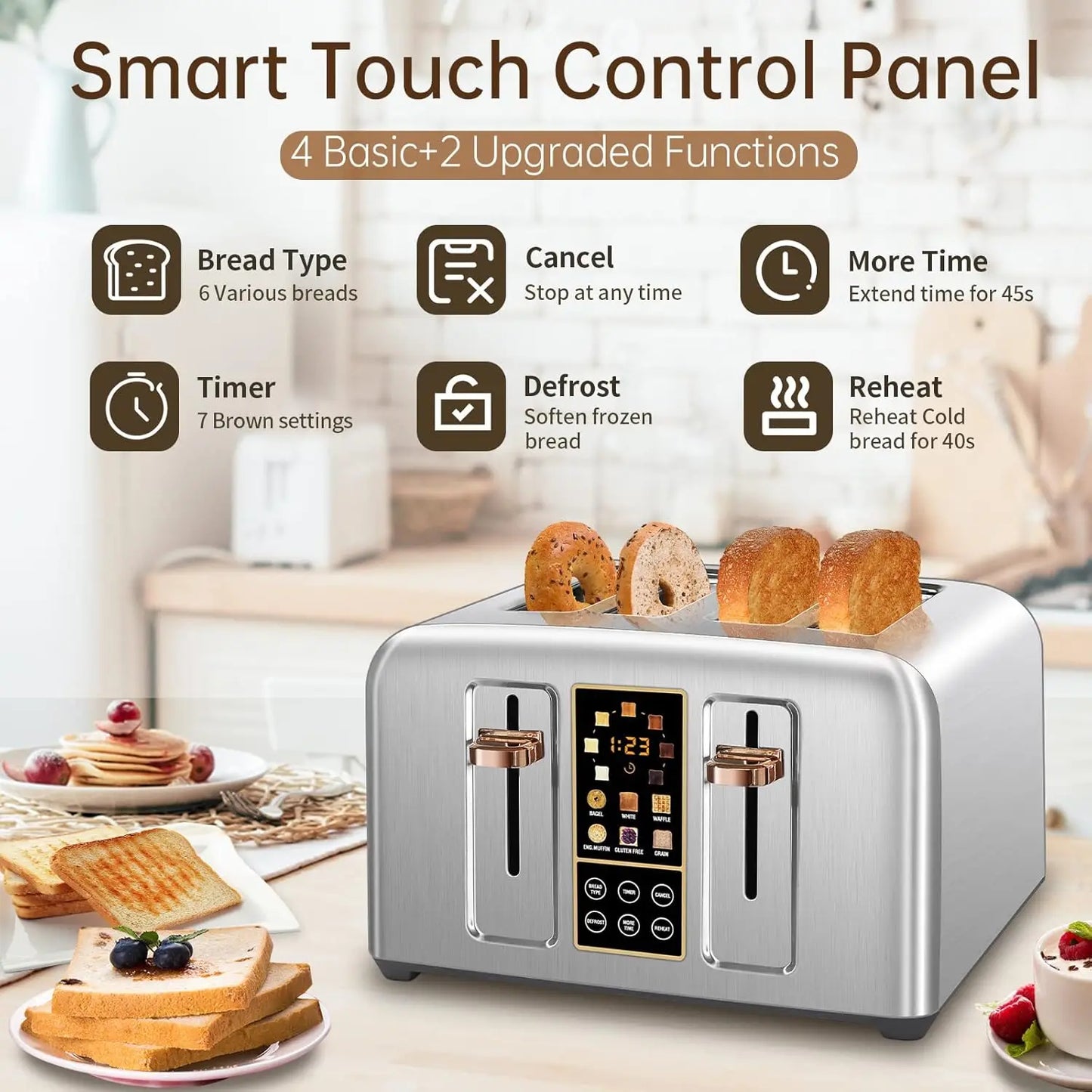 Stainless Toaster LCD Display & Touch Buttons, 6 Bread Selection, 7 Shade Settings, 1.5''Wide Slots