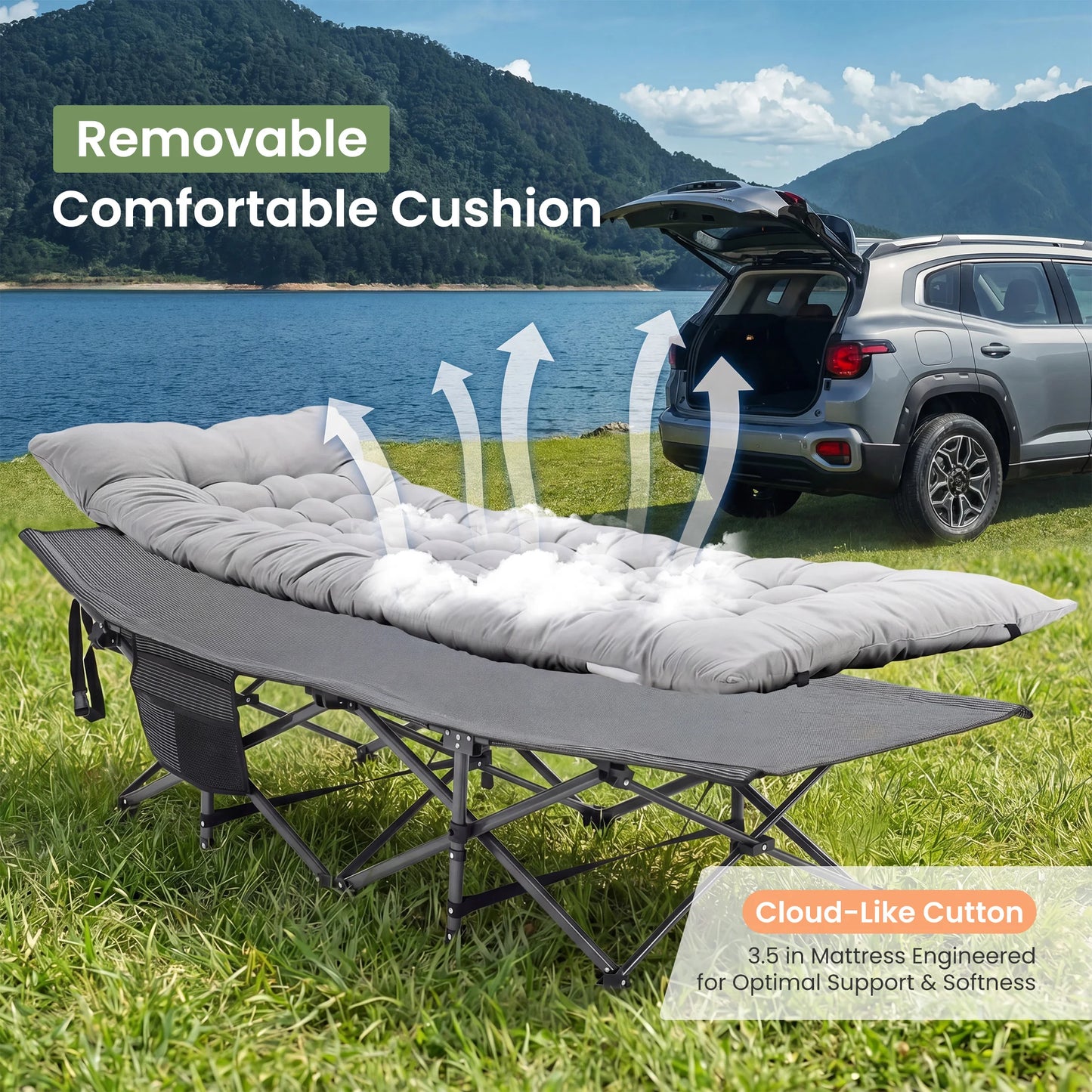 JHK Folding Camping Makeshift Bed Beach Lounge Chair Portable 3.5'' Cushion 440 lbs Sturdy Frame