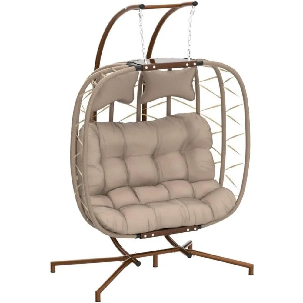 Double Swing Egg Chair with Stand Large 2 Person Indoor Outdoor Wicker Patio Twins Basket Chair