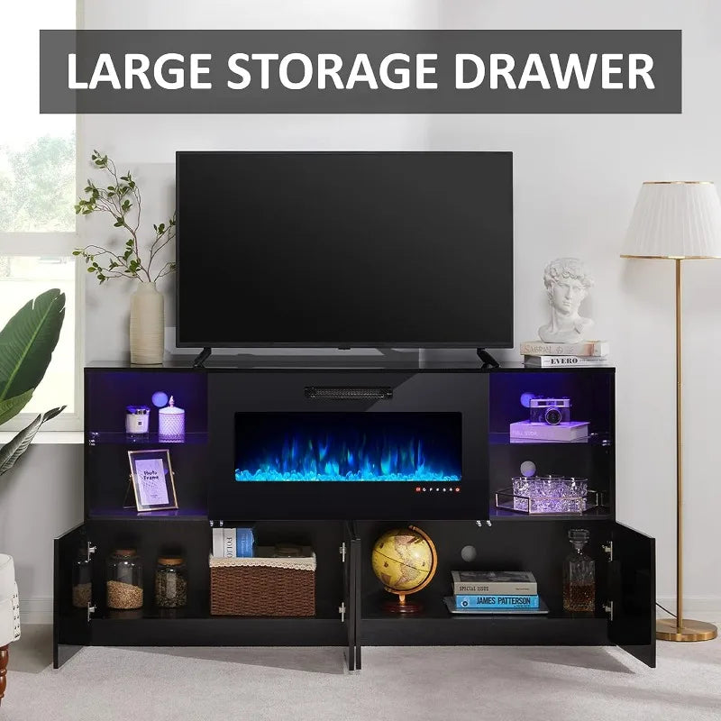 Modern High Gloss 68" Fireplace TV Stand, Entertainment Center & LED Lights for TVs up to 78"