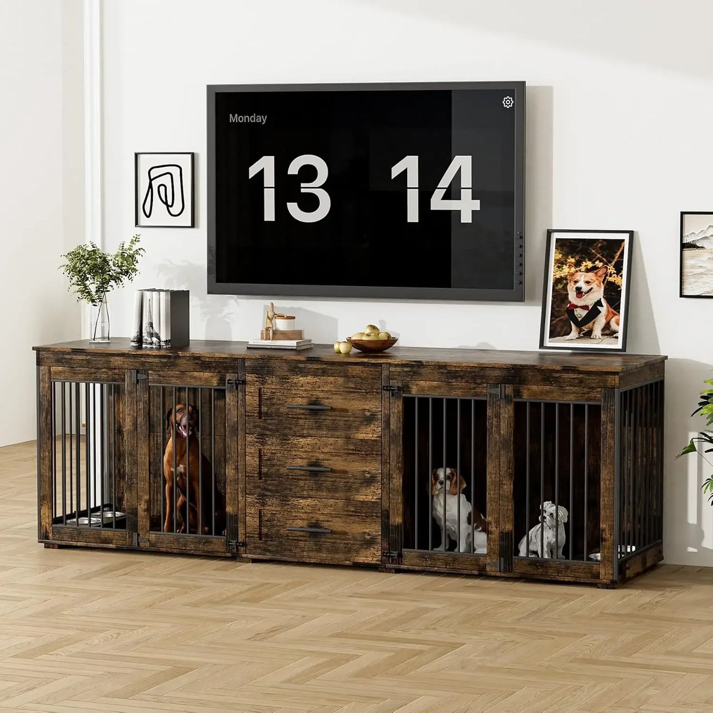 94.5" Dog Crate, Dogs Kennel Furniture with 3 Storage Drawer, Wooden Dogs Cage with 4 Bowls, Dog House TV Stand with Locks