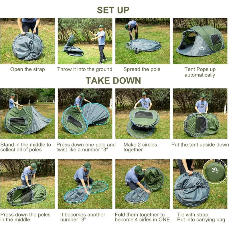 NIGHT CAT EASY-UP Camping Tent: 2 Person Tent Waterproof Instant Easy Setup Family Tent