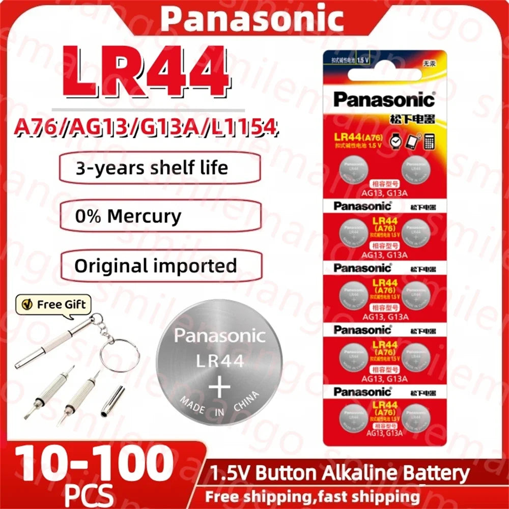Panasonic 10-100PCS Alkaline Battery LR44 A76 AG13 LR1154 SR44 GP76 1.5V