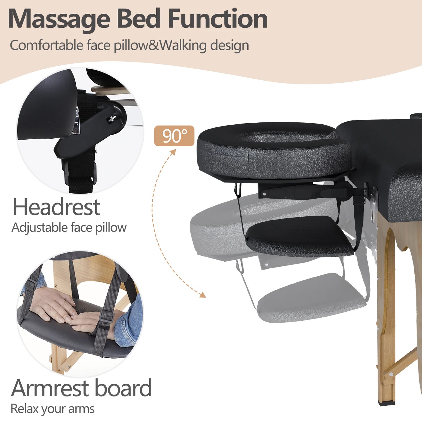 Massage Bed, Height-Adjustable Therapy Bed, Dedicated for Beauty Care, with Carrying Bag, Black