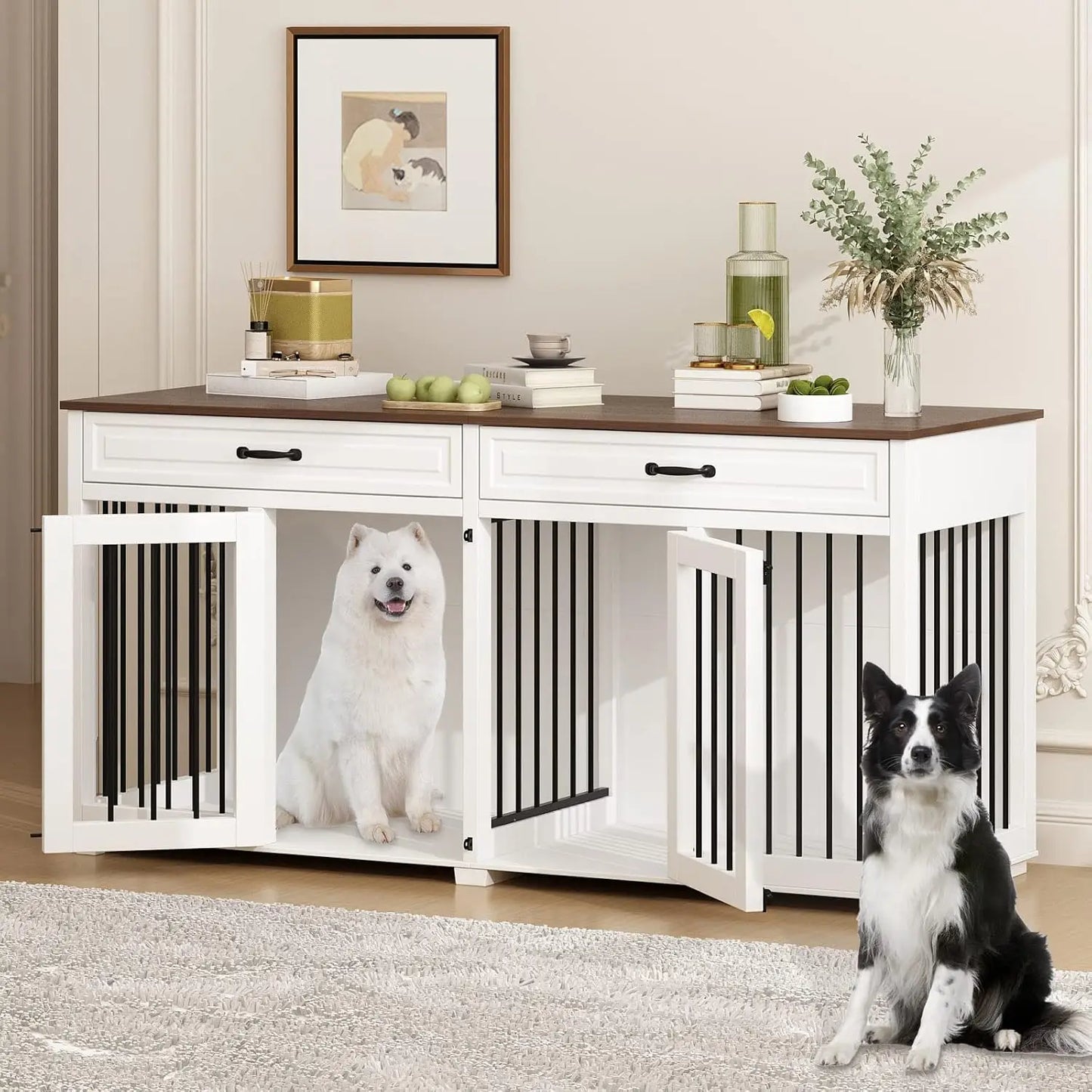 Large Dog Crate Furniture, 72" Wooden with Drawers & Divider For Heavy Duty Indoor Use