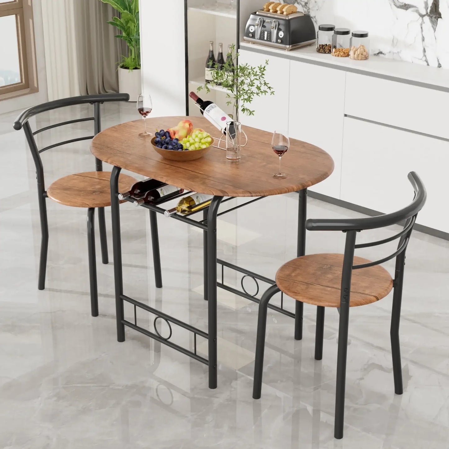 Vineego 3-Piece Small Kitchen Dining Set for 2 Black Wooden Table/Chairs Space Saving Breakfast Set