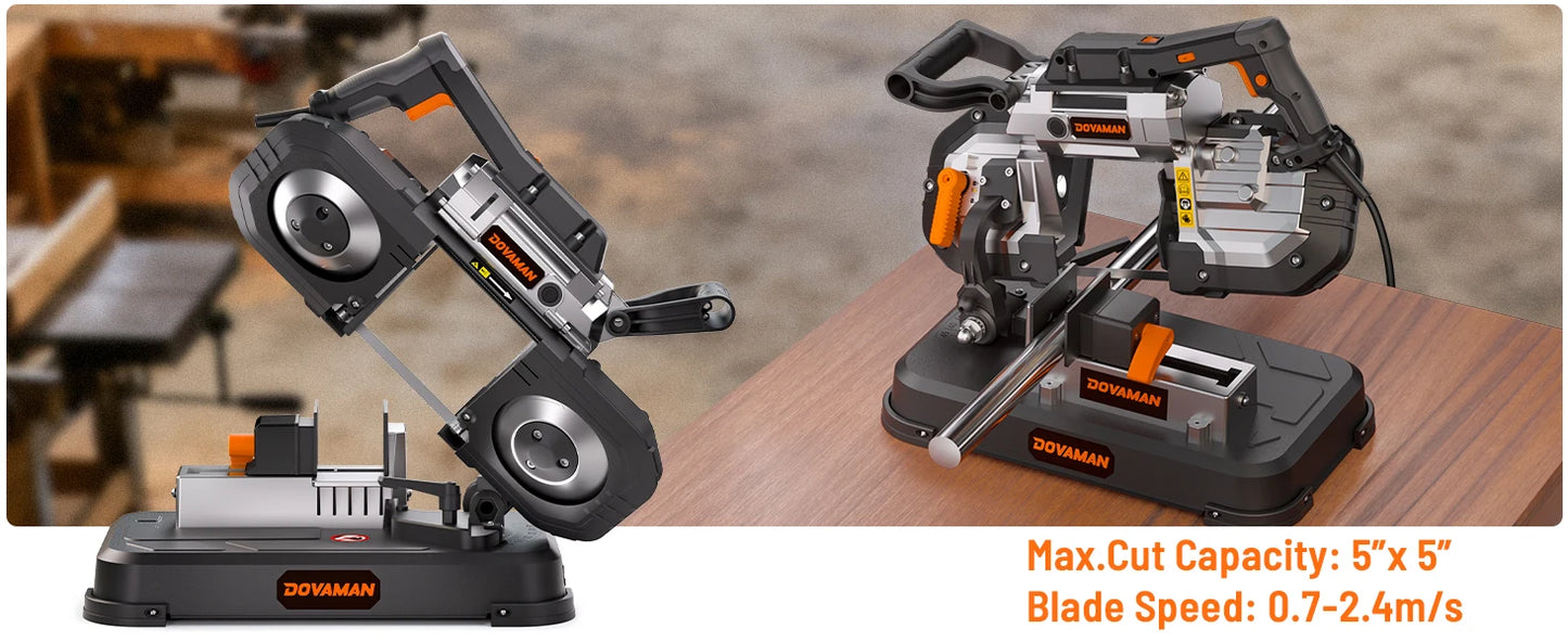 DOVAMAN Portable Band Saw, 10A Corded Handheld, 5" Cut Capacity, 6-Speed, 0°–45° Adjustable
