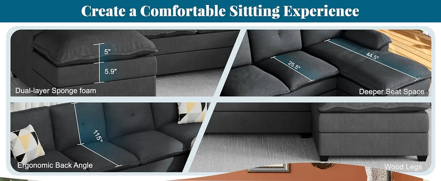 110" U-Shaped 4 Seat Sectional Sofa with Double Chaise, Modern Fabric Modular Couch Sleeper