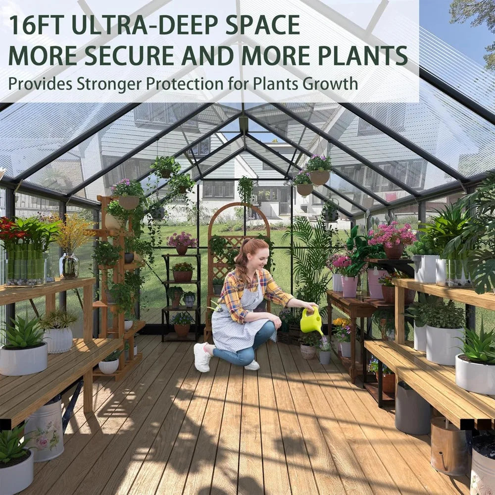 Greenhouse 8x16 ft polycarbonate greenhouse w/4 adjustable roof vents, walk-in aluminum frame