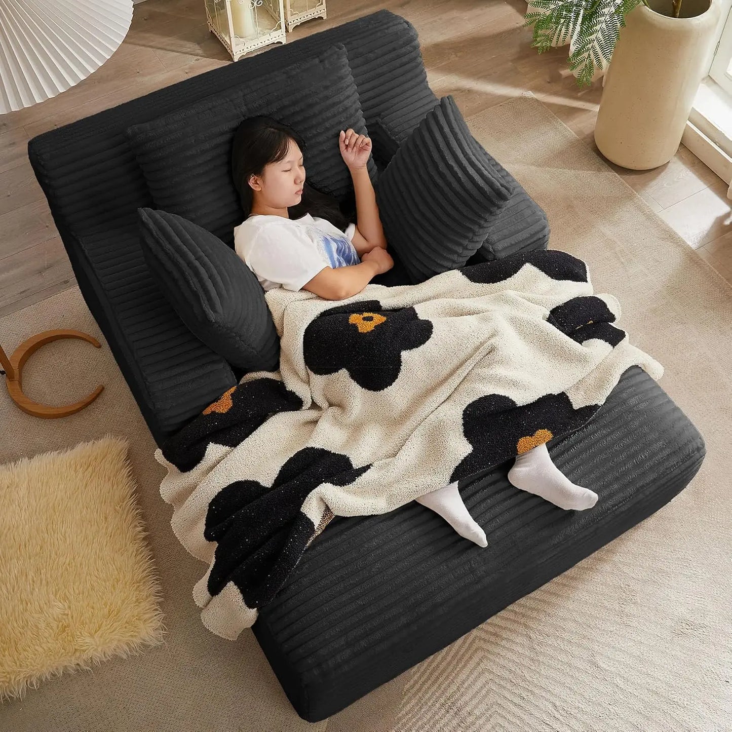 Oversized Chaise Lounge Chair with 3 Comfy Pillows for Living Room Bedroom, Wide Arms Corduroy