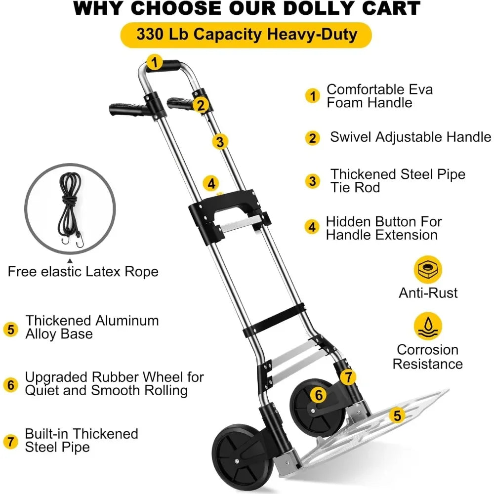 330 LB Capacity Folding Hand Truck Dolly Cart, Portable Aluminum Dolly Cart with Telescoping Handle