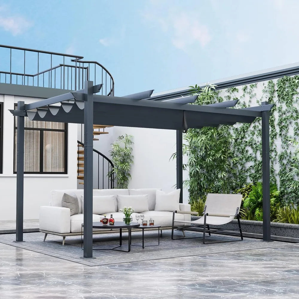 10x13 Ft Pergola,Aluminum Pergola w/ Retractable Sun Shade Canopy,Metal Pergola Structure