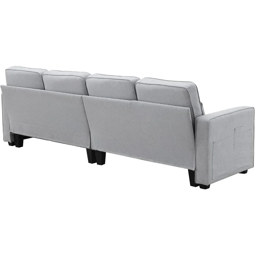 104" Linen Fabric Sofa with Armrest Pockets and 4 Pillows, Minimalist Style 4-Seater Couch