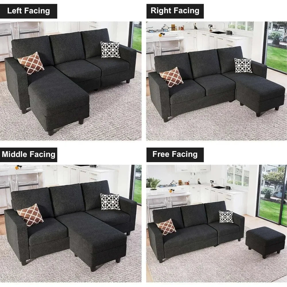 Convertible Sectional Sofa with Linen Fabric, Modern Couch with Reversible Chaise for Living Room and Small Space