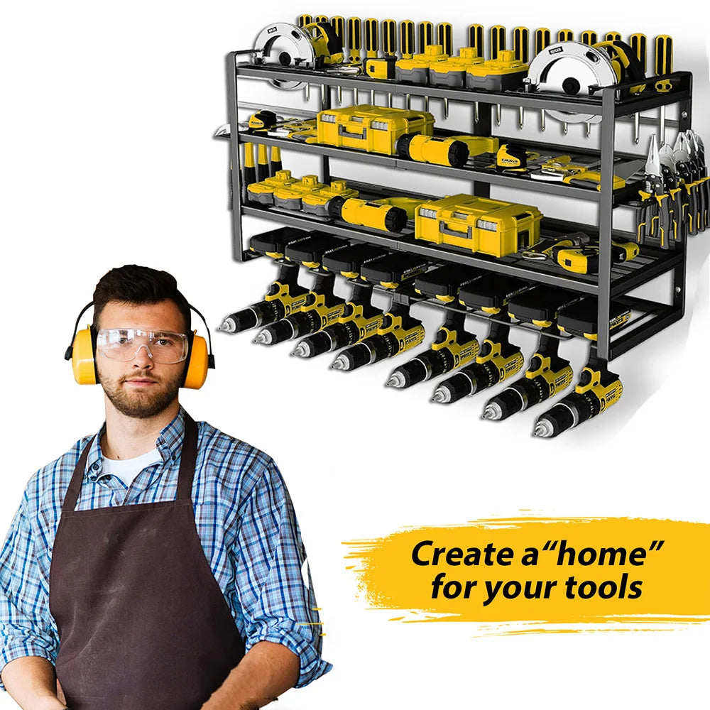Power Tool Organizer-8 Drill Holder Wall Mount,4 Layer Heavy Duty Metal Power Tool Storage Rack