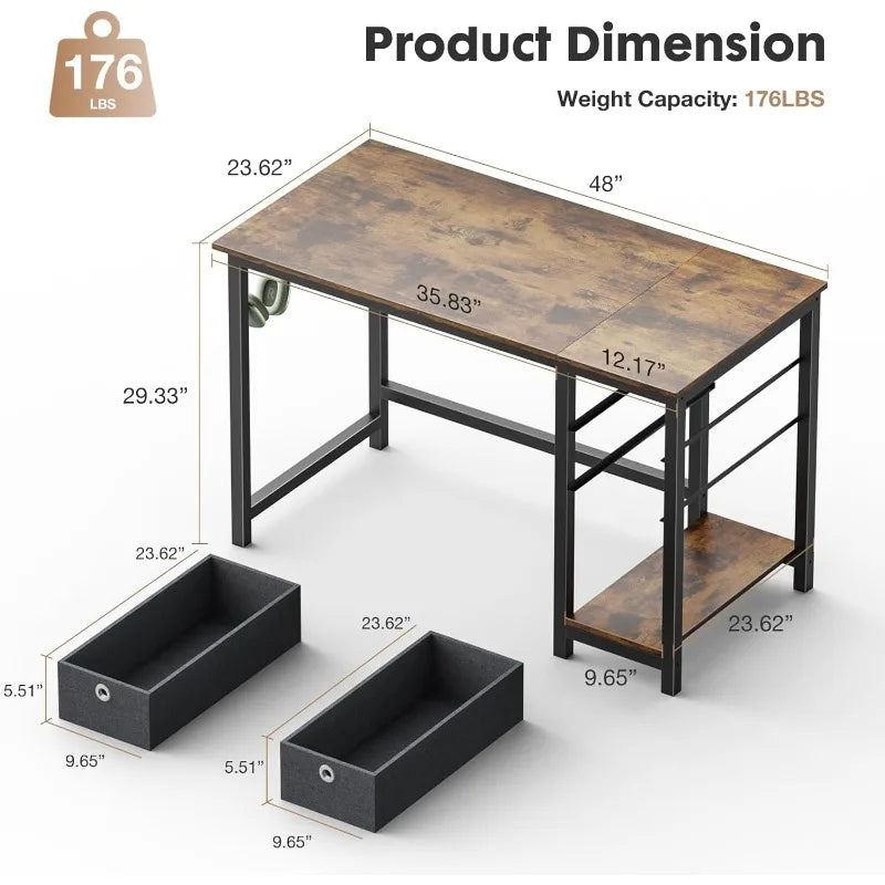 Computer Desk with Drawers 48 Inch Office Bedroom Kids Writing Work Study 2-Tier Storage Drawer