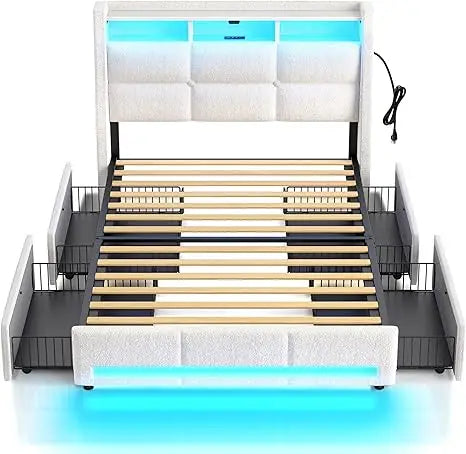 Rolanstar Twin/Full/Queen Frame LED Lights & Charging Station, PU Leather/Storage/Headboard/Drawers