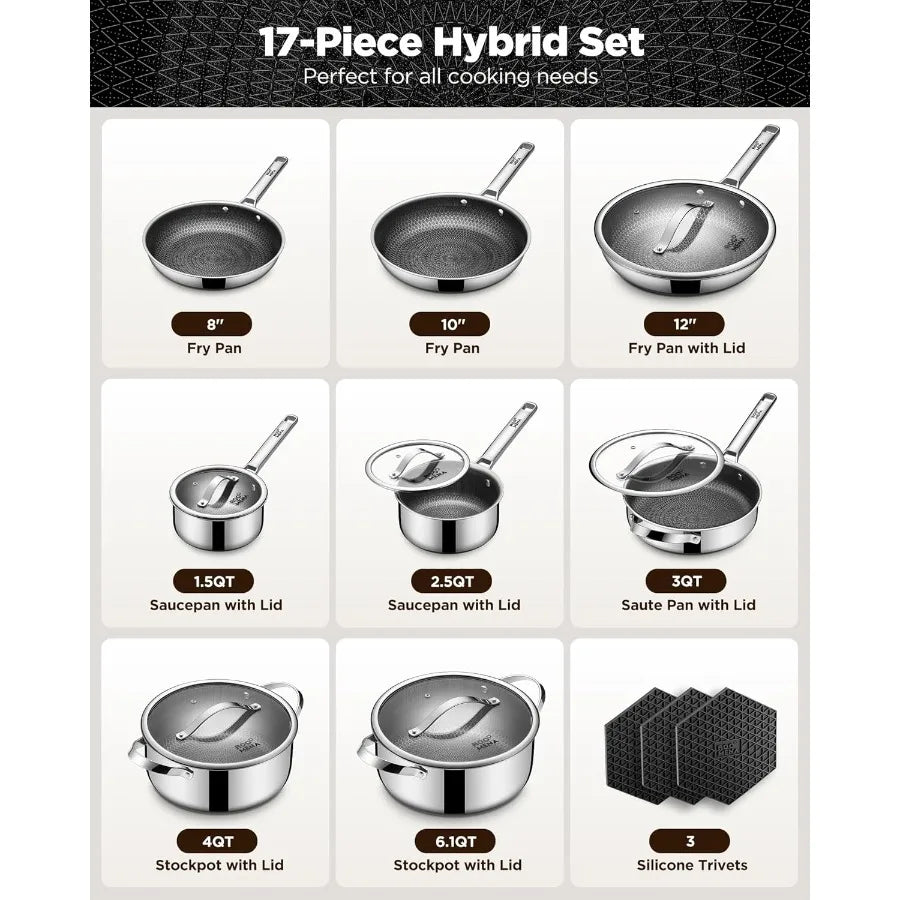 Pots and Pans Set Hybrid Stainless Steel 17PC Nonstick TriPly Cookware Frying pan PFOA Free