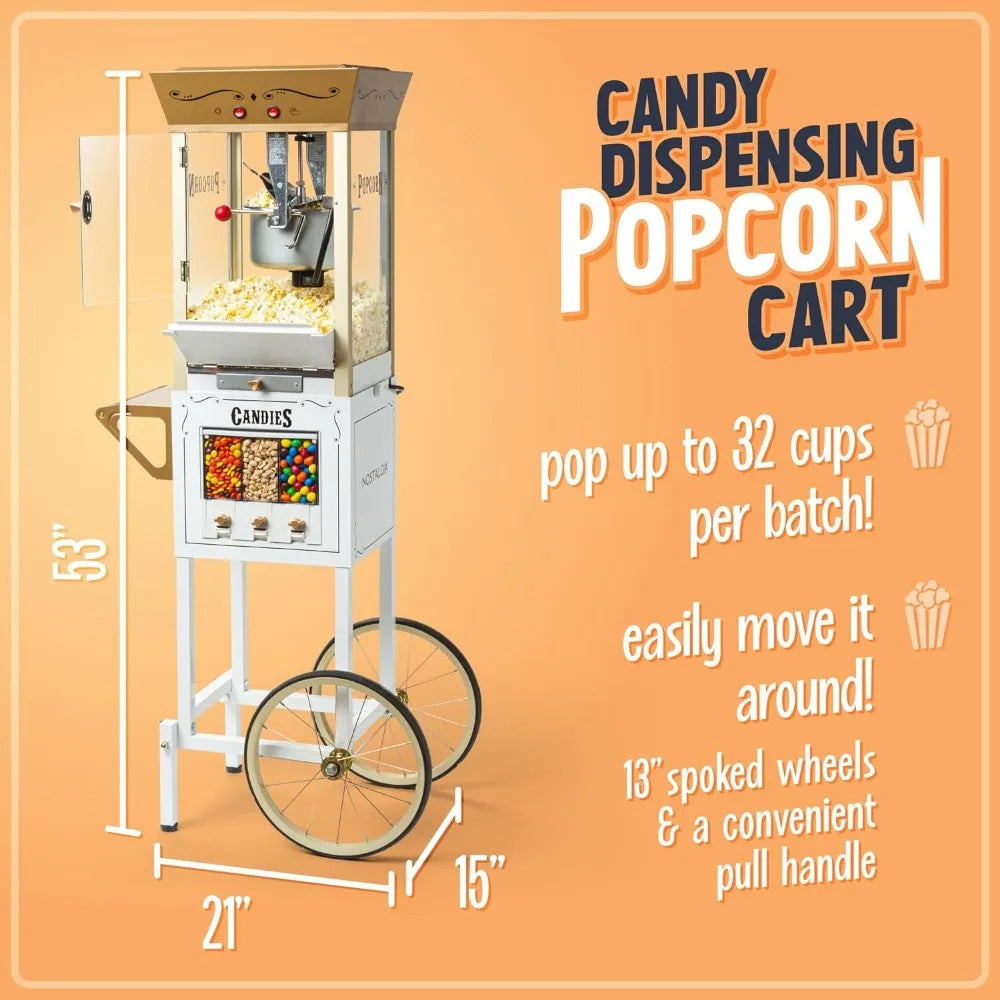 Popcorn Maker Machine - Professional Cart/8 Oz Kettle Makes Up to 32 Cups/Candy & Kernel Dispenser