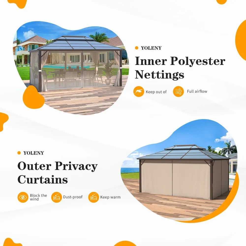 10'x13' Hardtop Gazebo, Outdoor Polycarbonate Double Roof Canopy, Aluminum Frame Permanent Pavilion