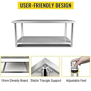 Stainless Steel Prep Table, 72 x 30 x 34 Inch, 550lbs Load Capacity Heavy Duty Metal Work Table