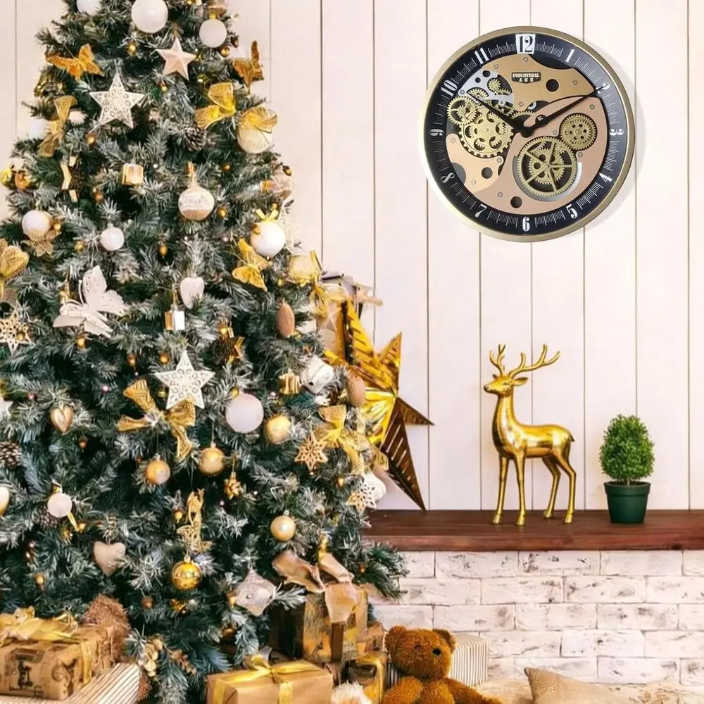 Vintage Gear Wall Clock, Battery-Powered Antique Steampunk Metal Timepiece (Black, 18)