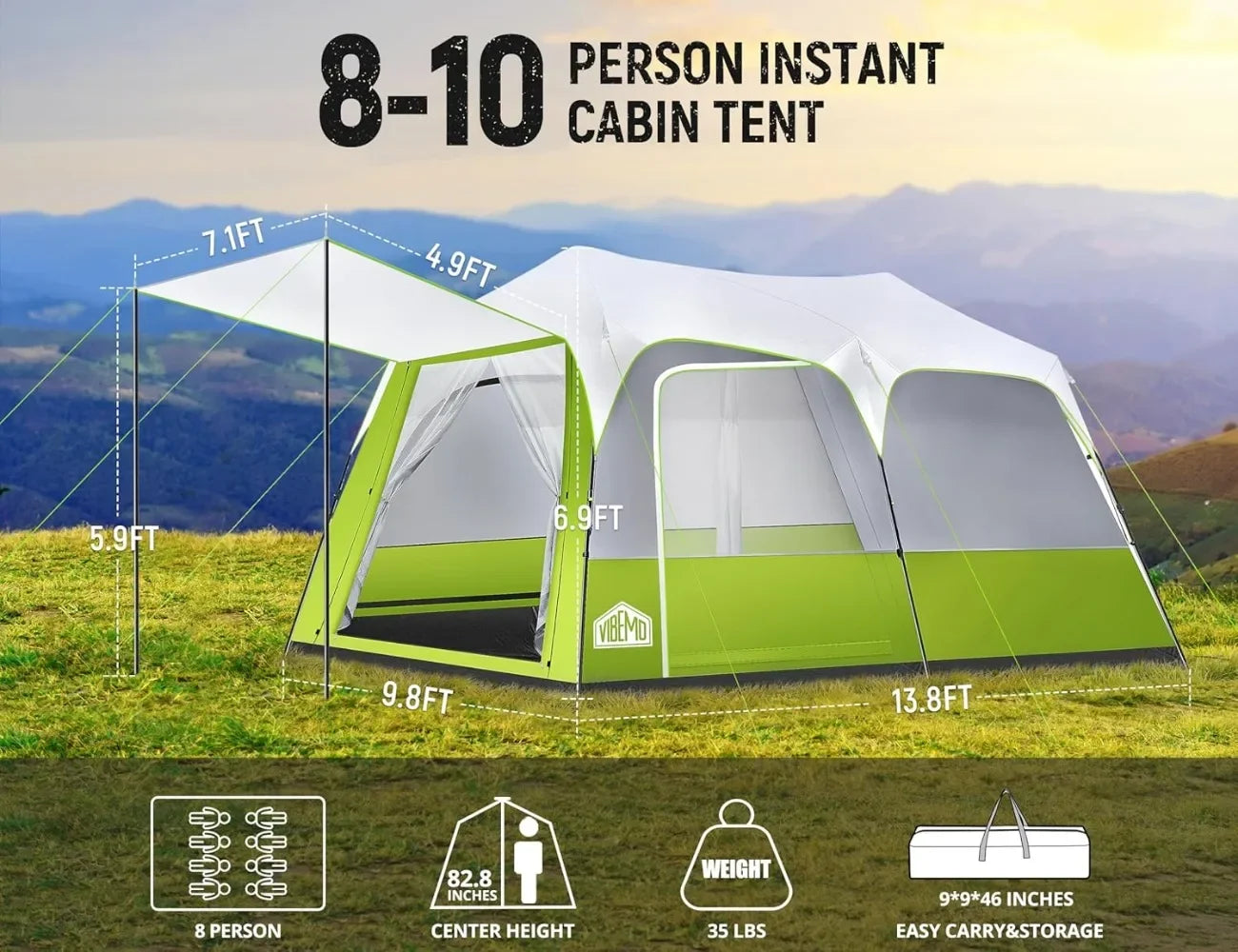 8/10 Person Camping Tent,Spacious Interior, Includes Rainfly, Room Divider, Carry Bag