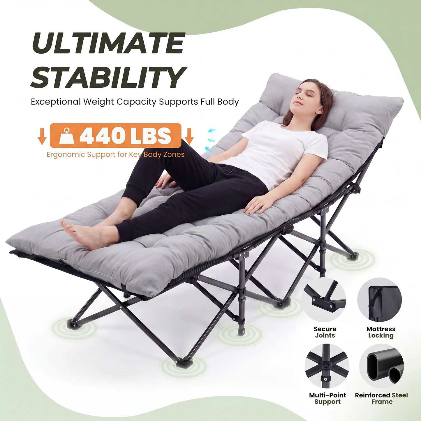 JHK Folding Camping Makeshift Bed Beach Lounge Chair Portable 3.5'' Cushion 440 lbs Sturdy Frame