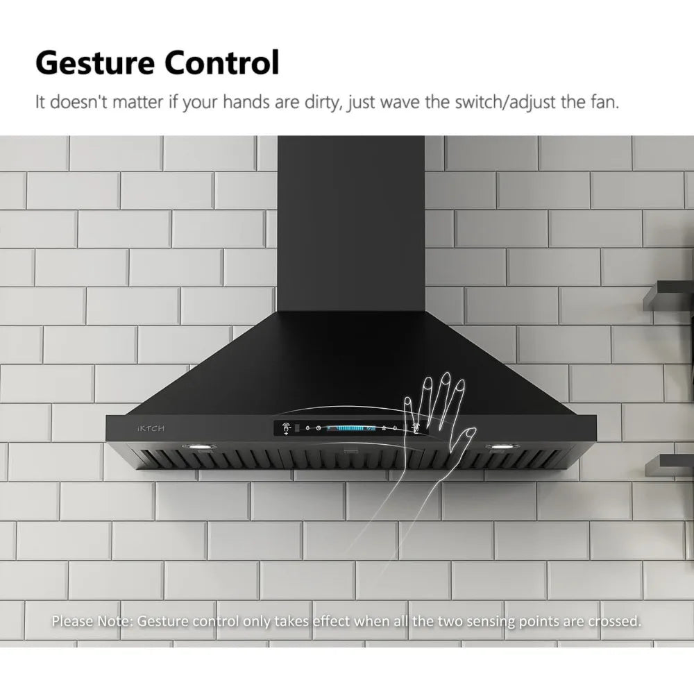 36 inch Black Wall Mount Range Hood, 900 CFM Ducted/Ductless Stainless Steel Vent Hood/Sensing