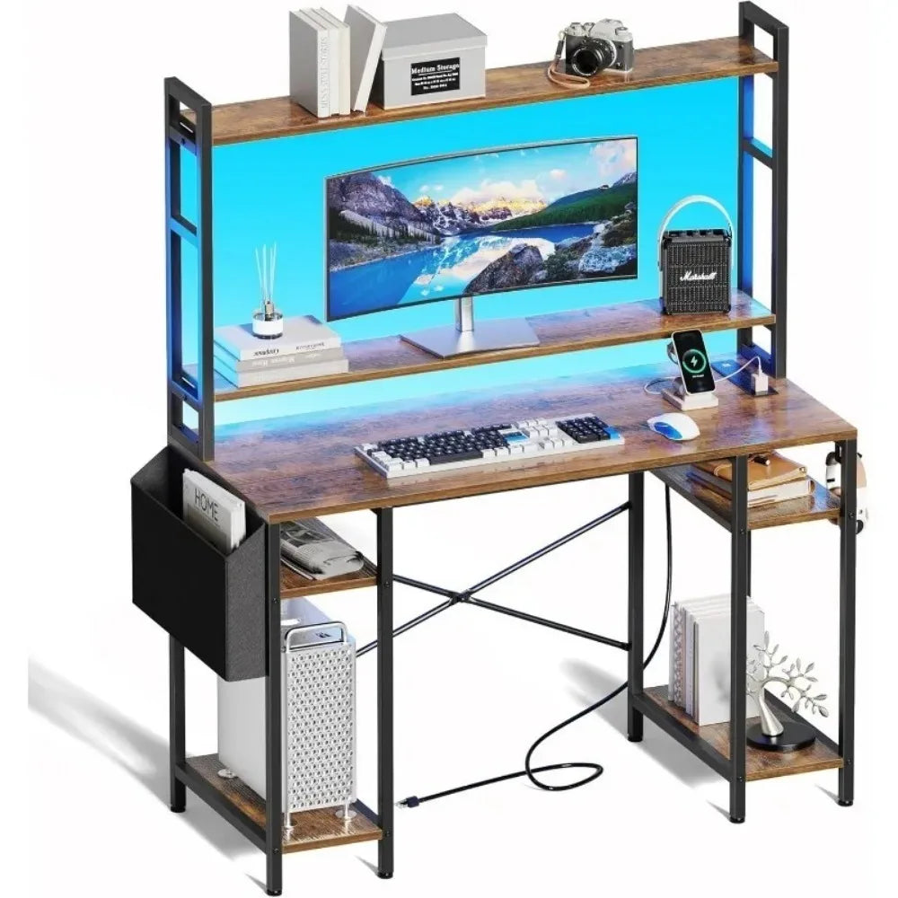 55 inch Computer Desk with Adjustable Shelves, Gaming Desk with LED Lights & Power Outlets, Home Office Desk with Monitor Stand