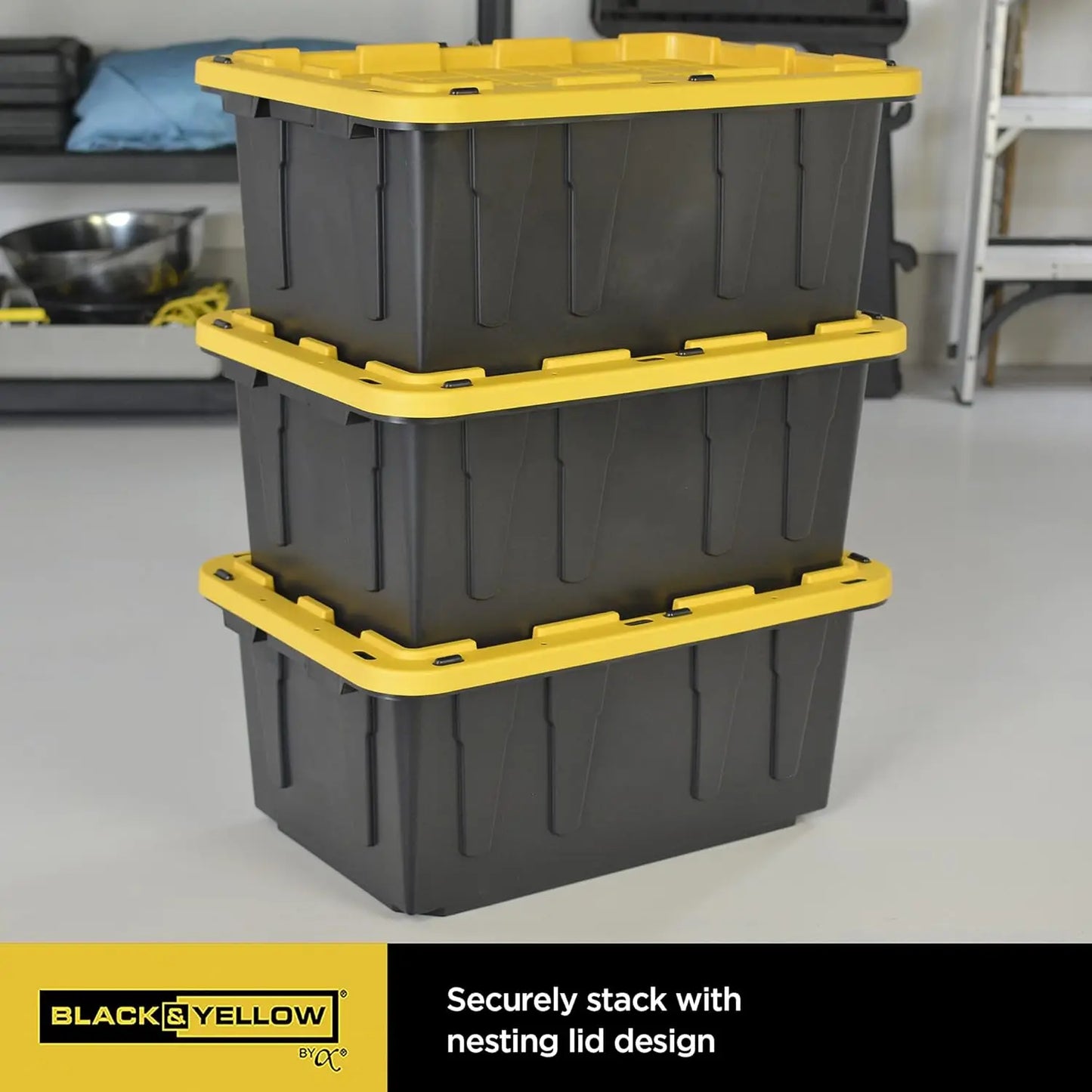 Black&Yellow 17-Gal Heavy Duty Tough Storage Container&Snap-Tight Lid,(12.5”Hx18”Wx26.9”D), [4 Pack]
