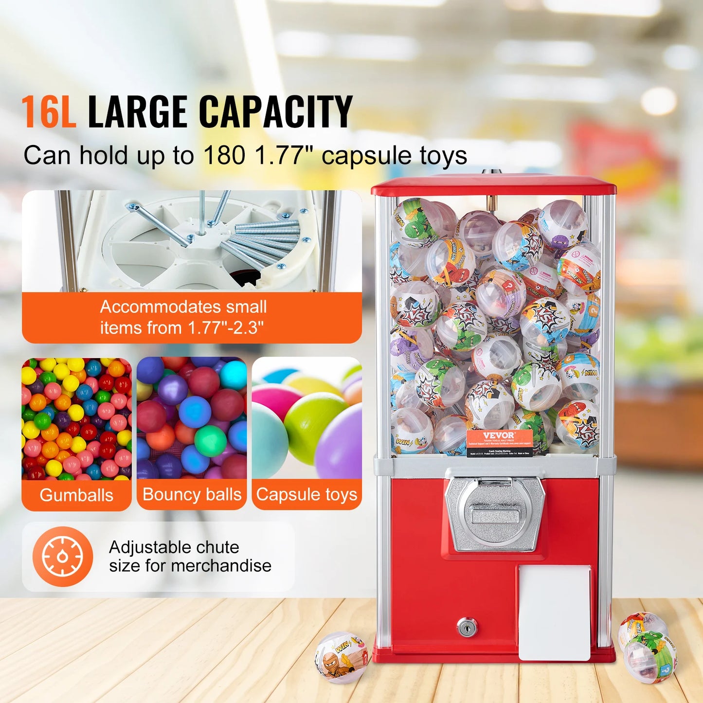 VEVOR 21" Gumball Machine for Kids Home Vending Machine PS Bouncy Balls Dispenser Hold 180 Capsules