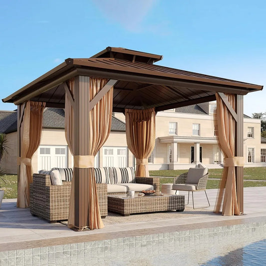 10' x 10' Gazebo Hardtop w/Aluminum Frame,Galvanized Steel Double Roof Gazebos w/Curtain and Netting