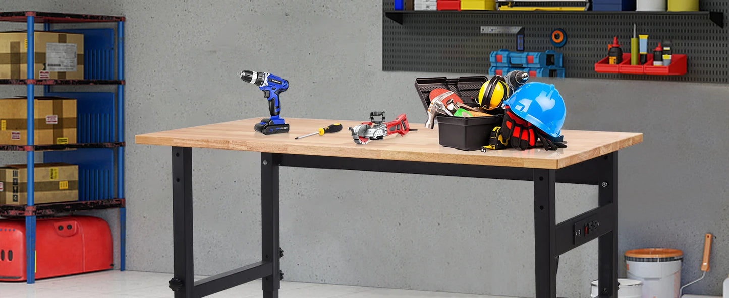 Work Bench Garage w/Power Outlets, 2200 Lbs Capacity Hardwood Top Workbench Table Heavy-Duty