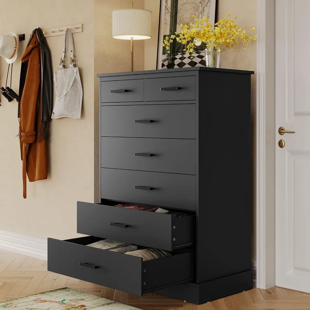 Black Dresser, Bedroom, Tall 7 Drawer Dresser w/Sturdy Base, Wood Storage Tower Clothes Organizer