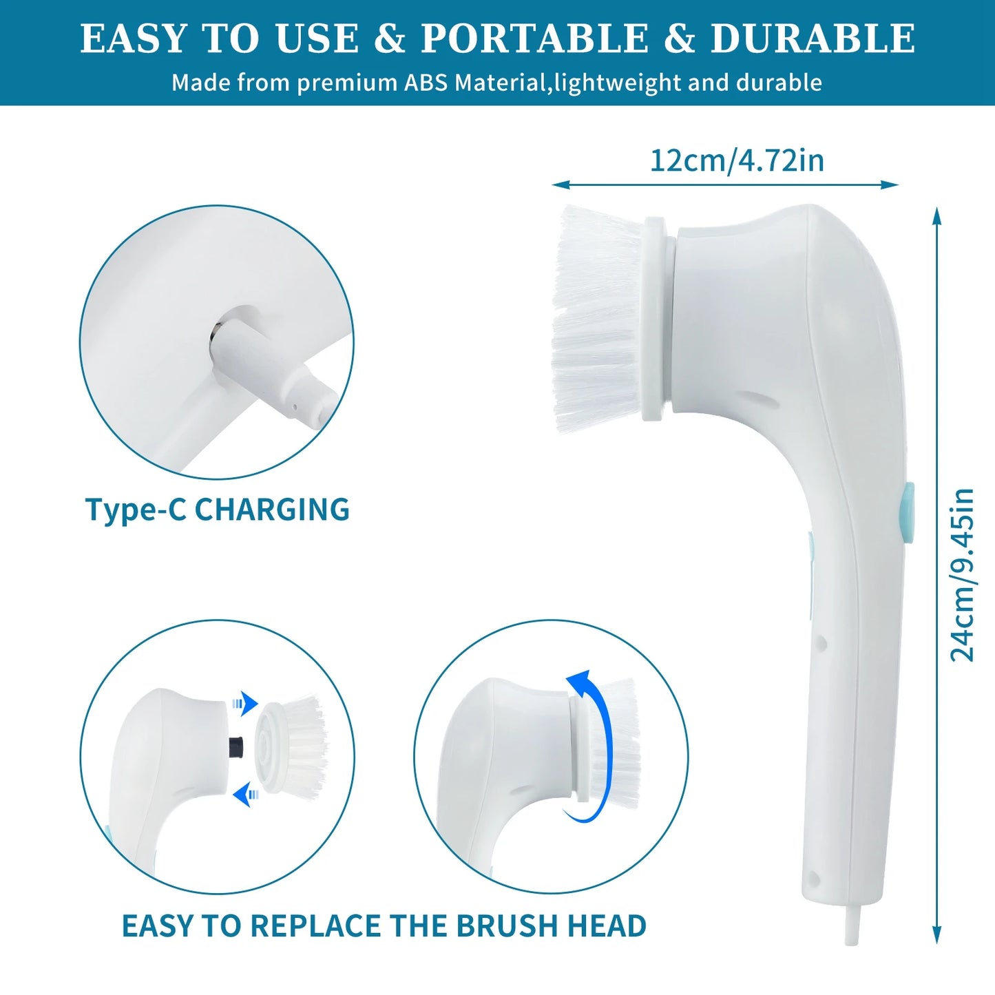 Electric Spin Scrubber Cordless Power Cleaning Brush with 5 Replaceable Brush Heads Rechargeable