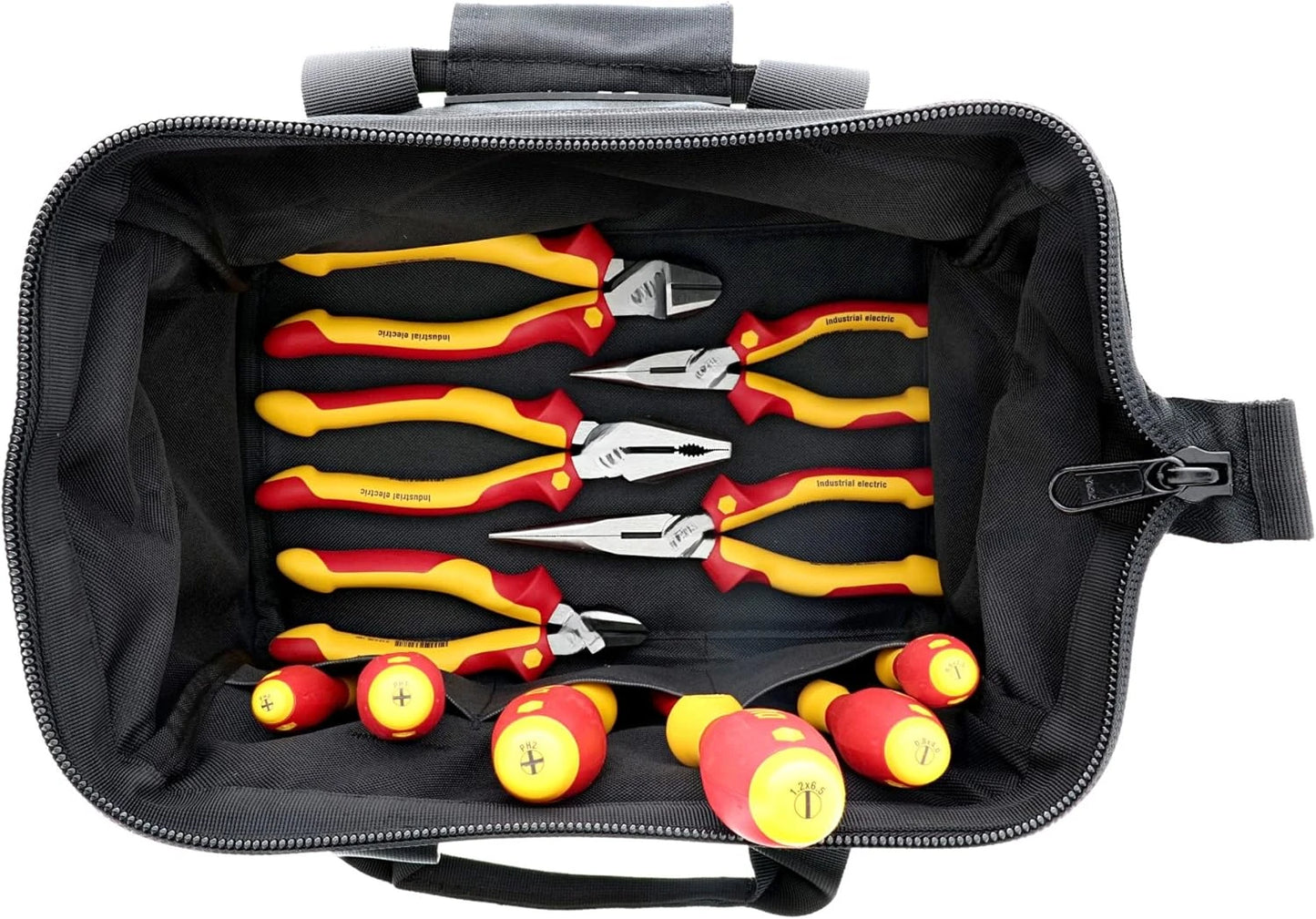 Canvas tool bag containing 11 Master Electrician insulated tools.